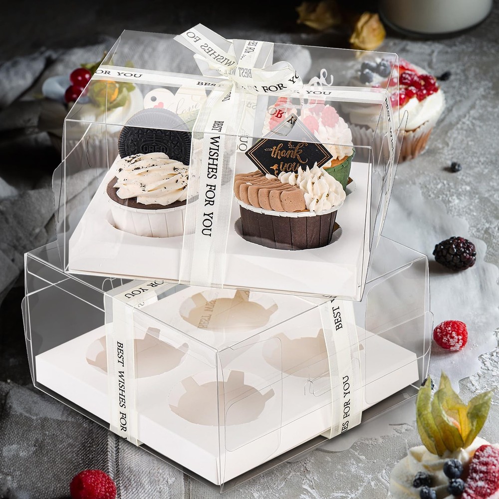 20 Pack Clear Cupcake Boxes with Gift Ribbon, 4 Count Plastic Cupcake Contain...