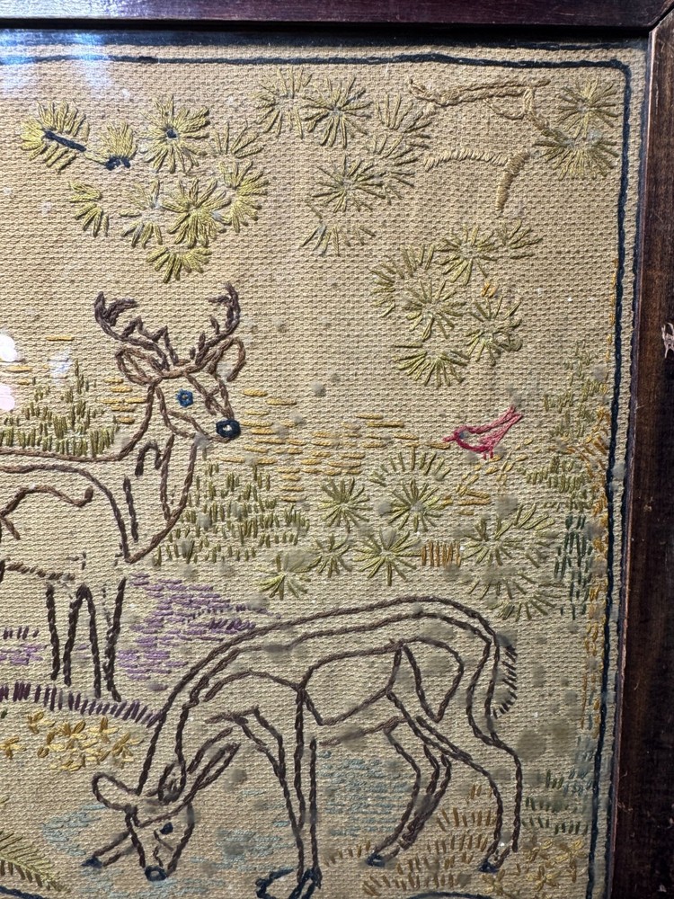 Vintage Needlework "Deer In Landscape Scene" - Framed