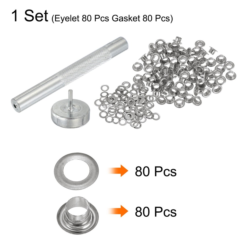 80Set Grommets Eyelets Kit 3.5mm Copper Eyelets with Setting Tool Silver