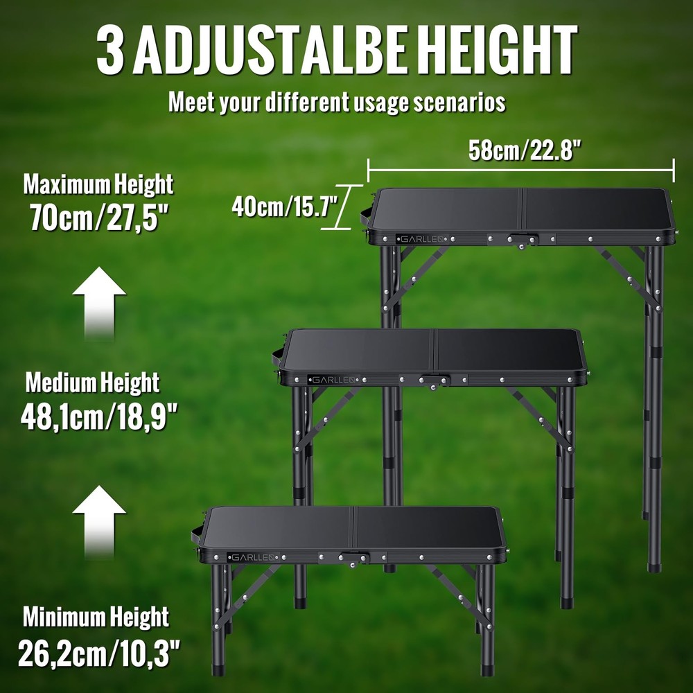 2ft Folding Camping Table, 3 Adjustable Height Lightweight Folded Picnic Tabl...