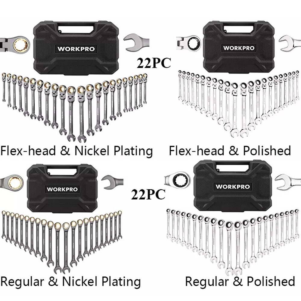 WORKPRO 22PC Regular/Flex-Head Ratcheting Combination Wrench Set w/Organizer Box