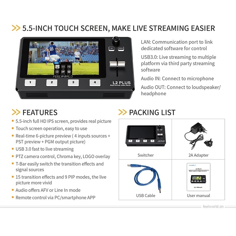 Feelworld LIVEPRO L2 Plus Mini Multi-Format Video Mixer Switcher 4HDMI Streaming