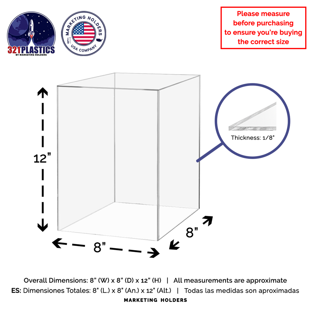8" x 8" x 12" Rectangular Clear Acrylic Retail Display Box Dust Cover