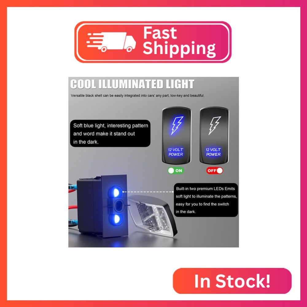 Okerny 12V Power Rocker Switch, Laser Pattern Blue Backlight, ON-Off Toggle, for
