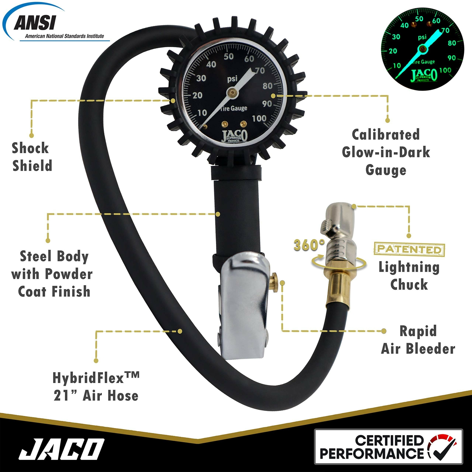 JACO FlowPro™ Tire Inflator with Pressure Gauge - 100 PSI