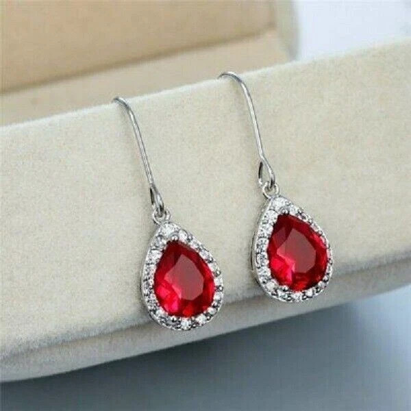 2Ct Pear Cut Lab-Created Ruby Women's Drop/Dangle Earrings 14K White Gold Plated