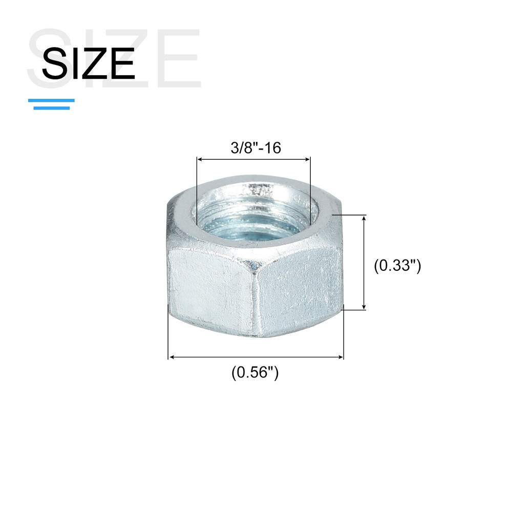 Hex Nuts (3/8"-16) 100Pcs Carbon Steel Coarse Thread Silver