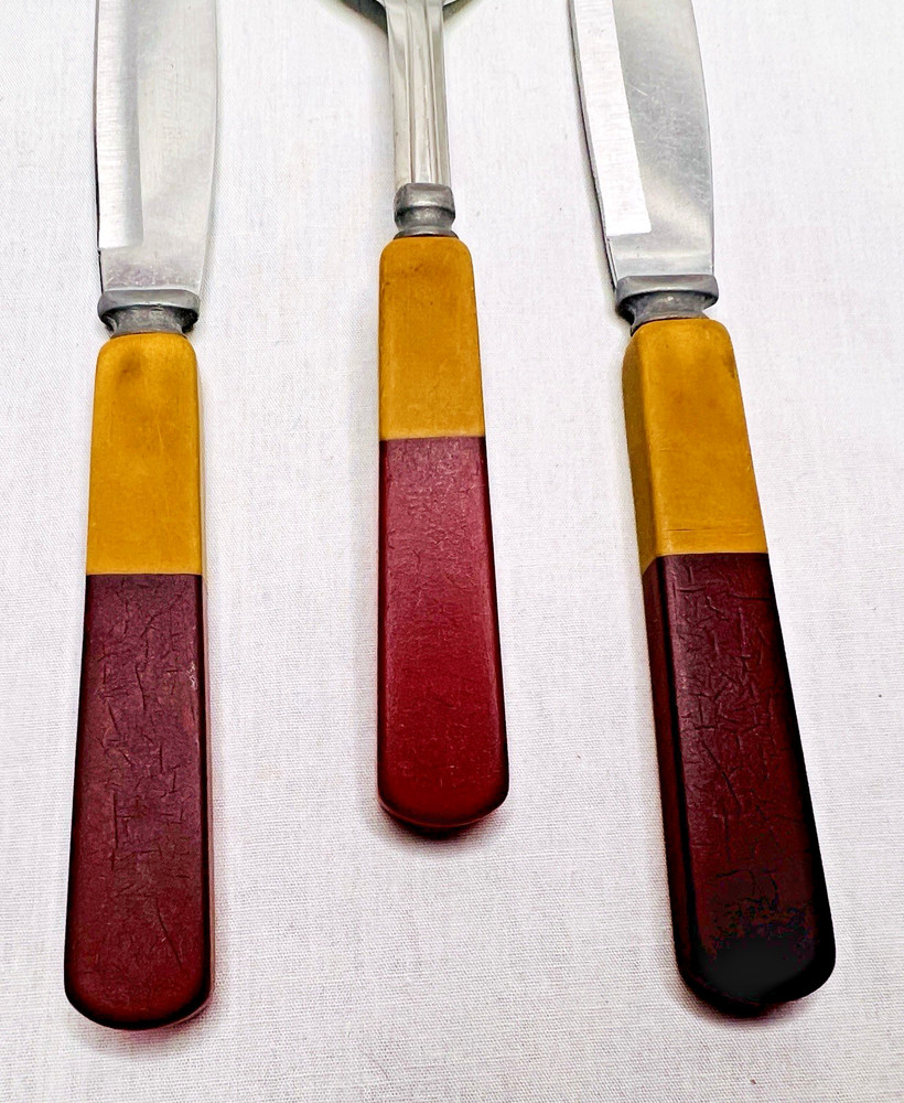 Art Deco 2-Tone Butterscotch & Red Bakelite Stainless Flatware Silverware ~ 3 pc
