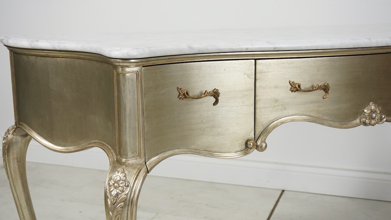 French Louis Vanity Make up Console Mahogany Silver Leaf White Marble