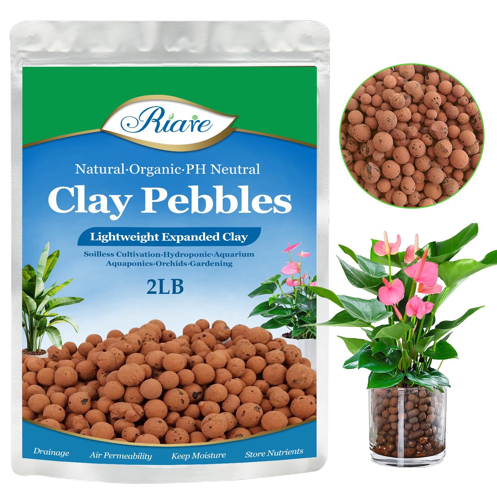 Riare 2 LBS Organic Expanded Clay Pebbles for Plants 4mm-16mm Natural Leca Balls