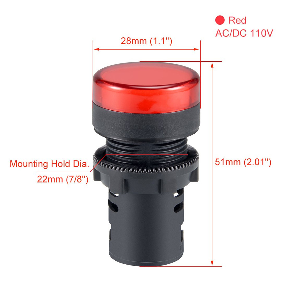 2Pcs Red Indicator Light AC/DC 110V, 22Mm Panel Mount, for Electrical Control Pa