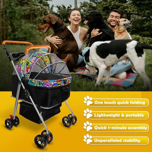 Pet Stroller with Storage Basket and Cup Holder, Folding Dog magic black
