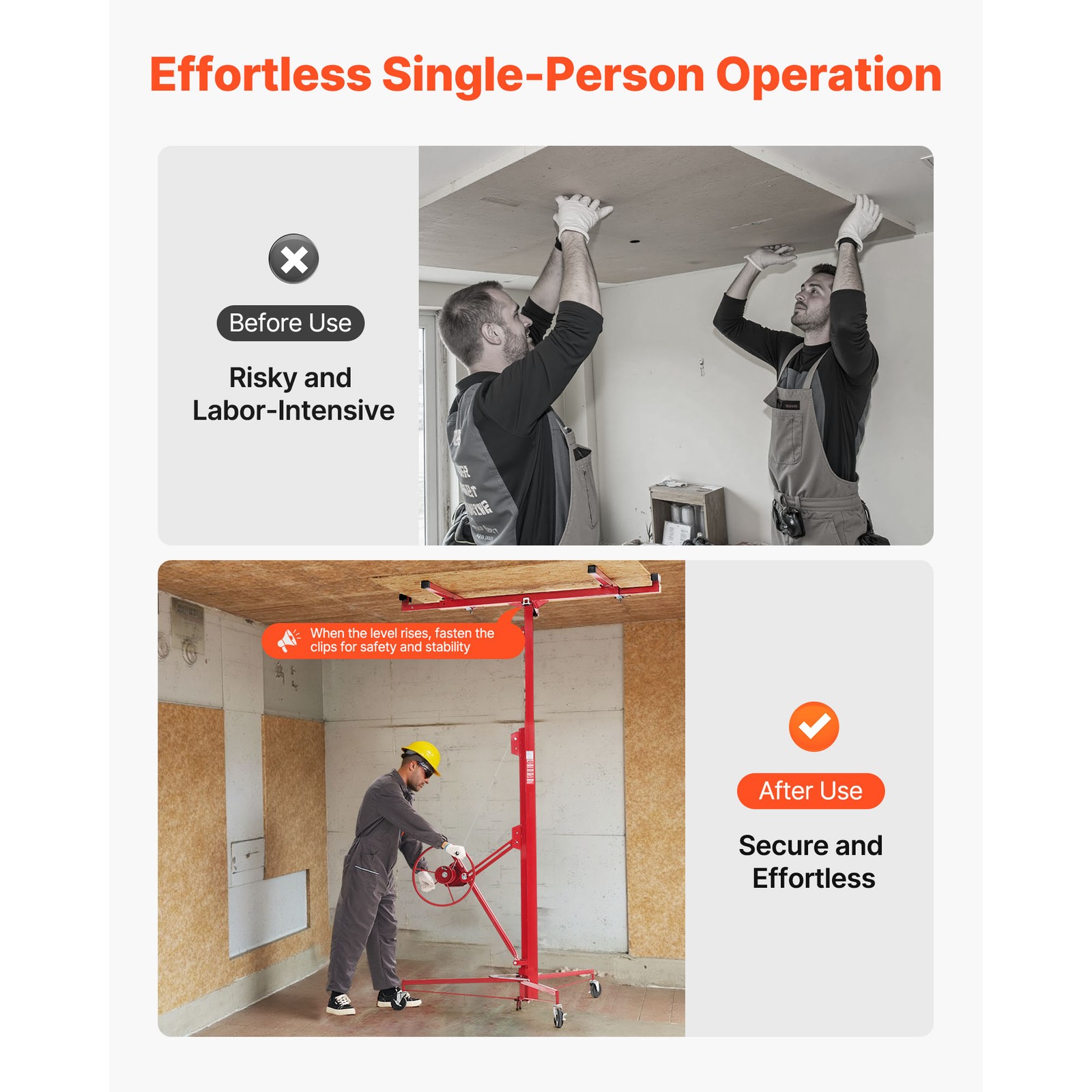 Uimoso 16ft Drywall Hoist, 150 lbs Capacity Adjustable Arm, Lockable Wheels, Red