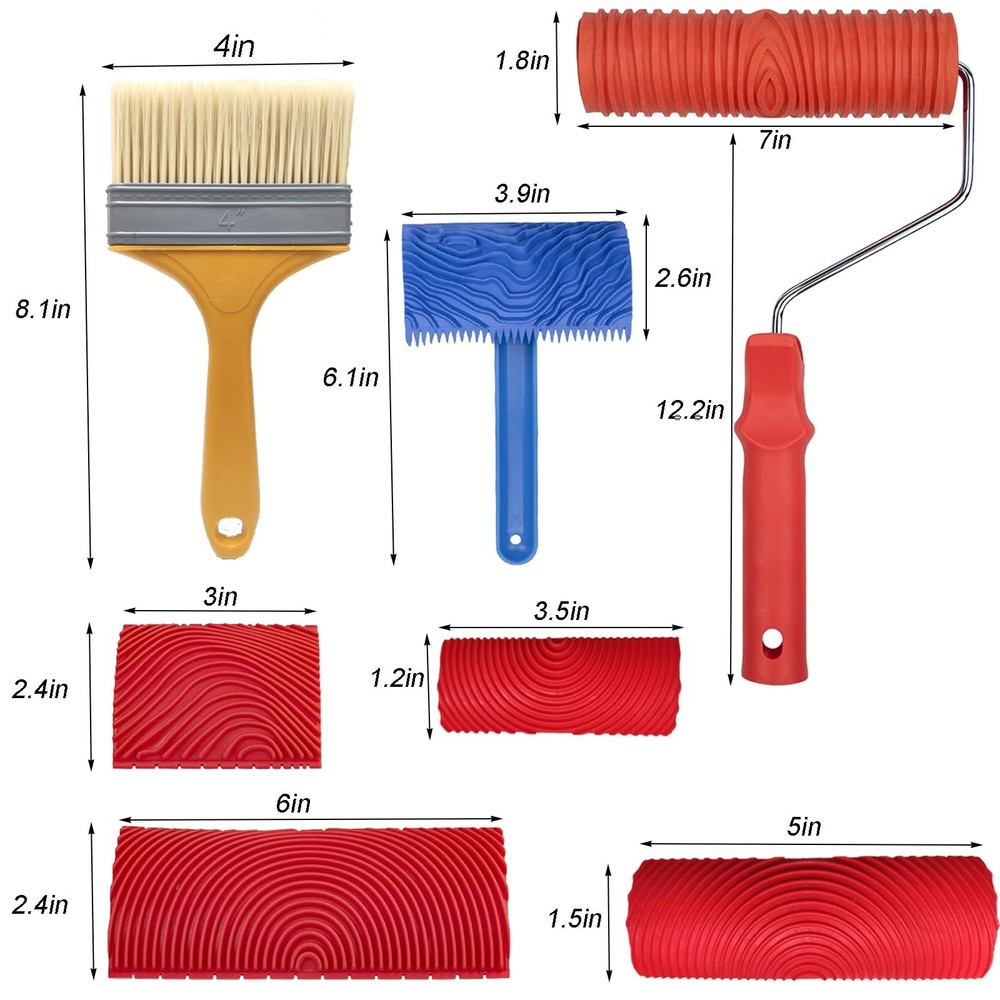 7Pcs Wood Grain Tool Set Painting Roller Texture Paint DIY Rubber Pattern Wall