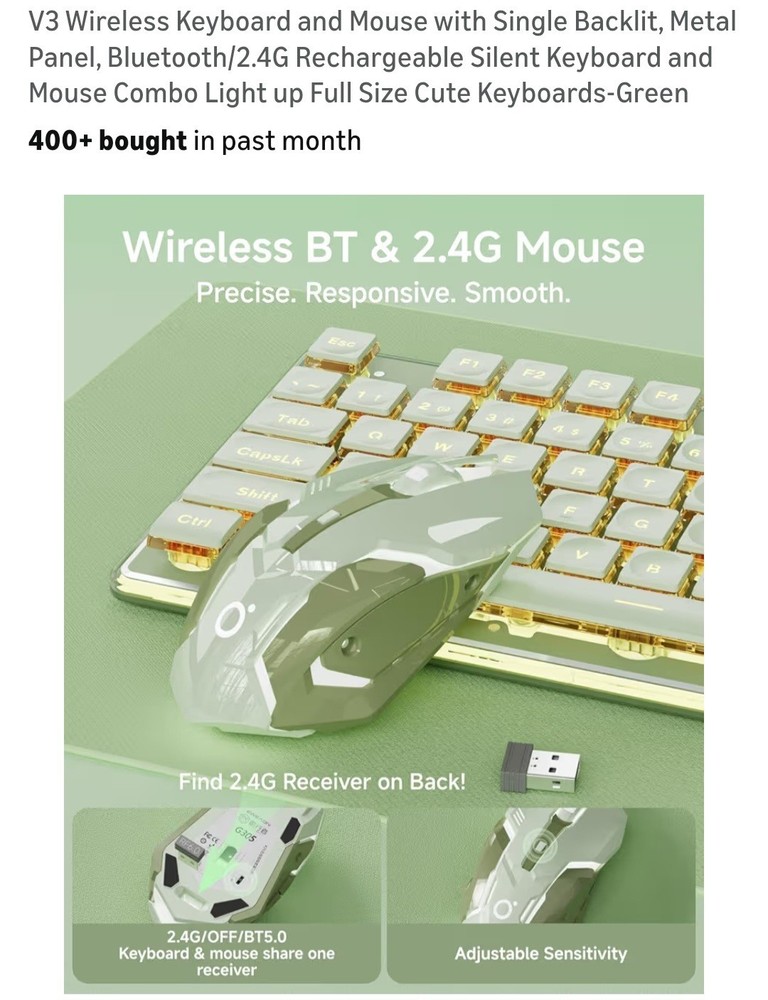 V3 Wireless Keyboard and Mouse with Single Backlit, Metal Panel, Bluetooth Green