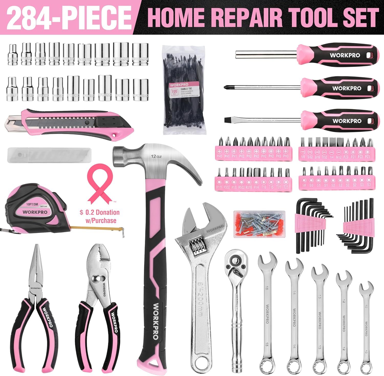 WORKPRO Pink Household Home Tool Kit, 284PC Mechanic Tool Set with Socket Set