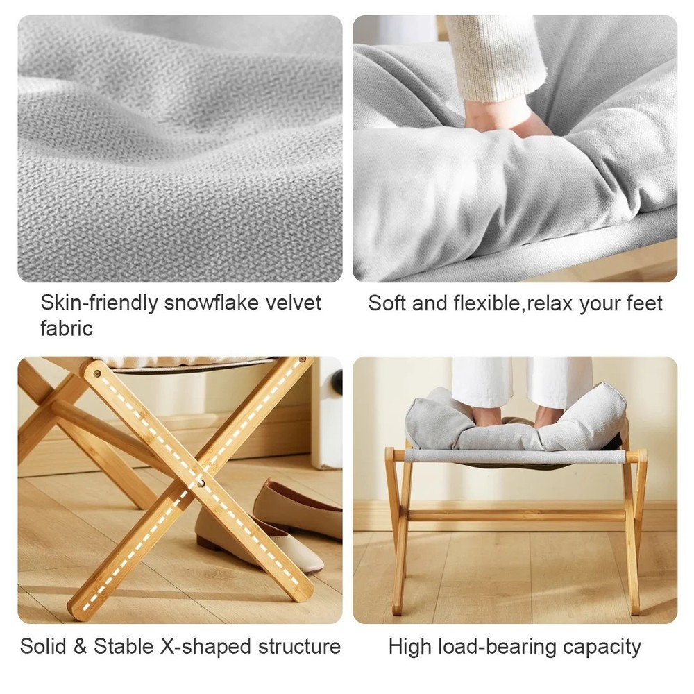 Folding Footrest Stool, Small Portable Bamboo Accent Ottoman, Footstool