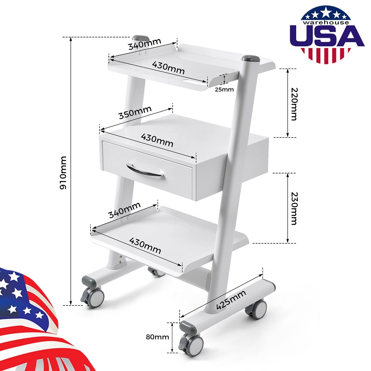 3 Layer Dental Trolley Mobile Instrument Cart Medical Tool Cart with Socket