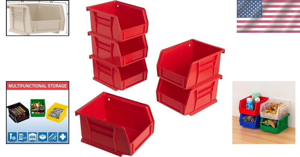 Durable Red Plastic Storage Bins - 6-Pack, 10 lb Capacity, Versatile Use