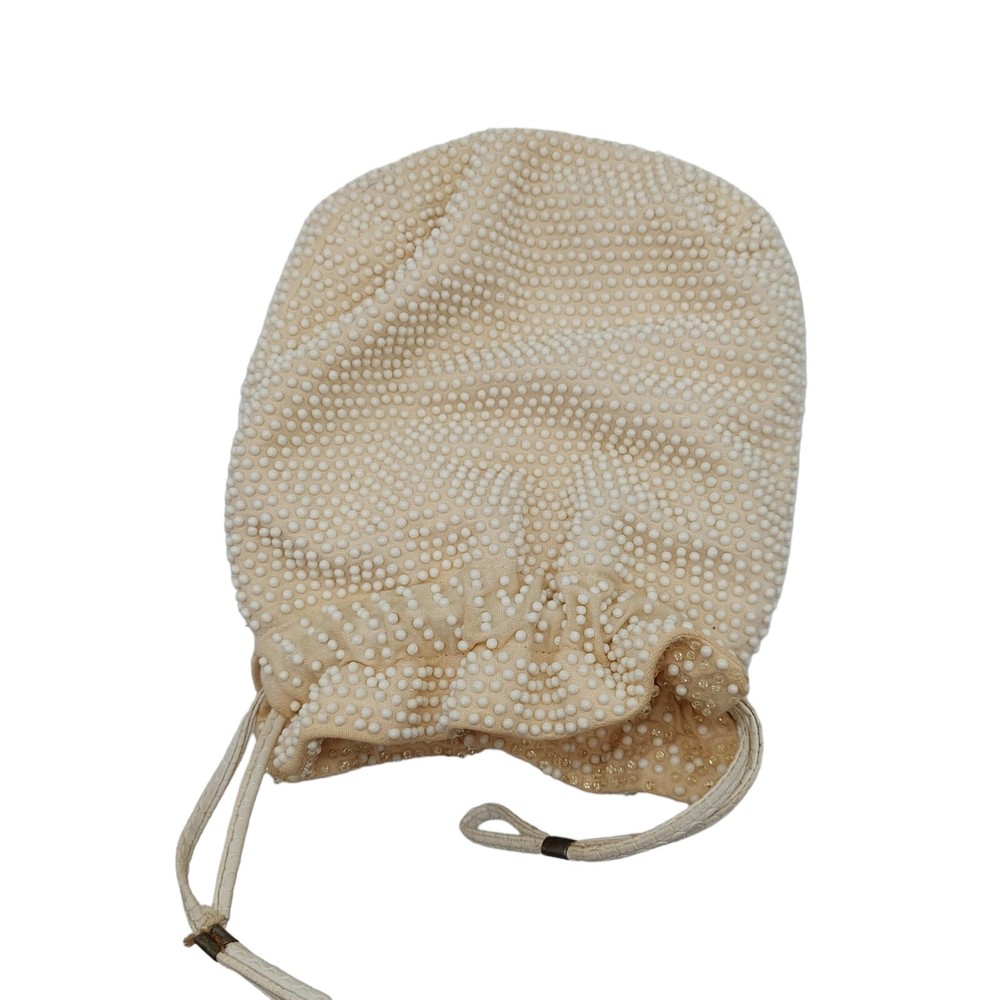 Beaded Purse With Pull String Closure Cream Colored Reversible