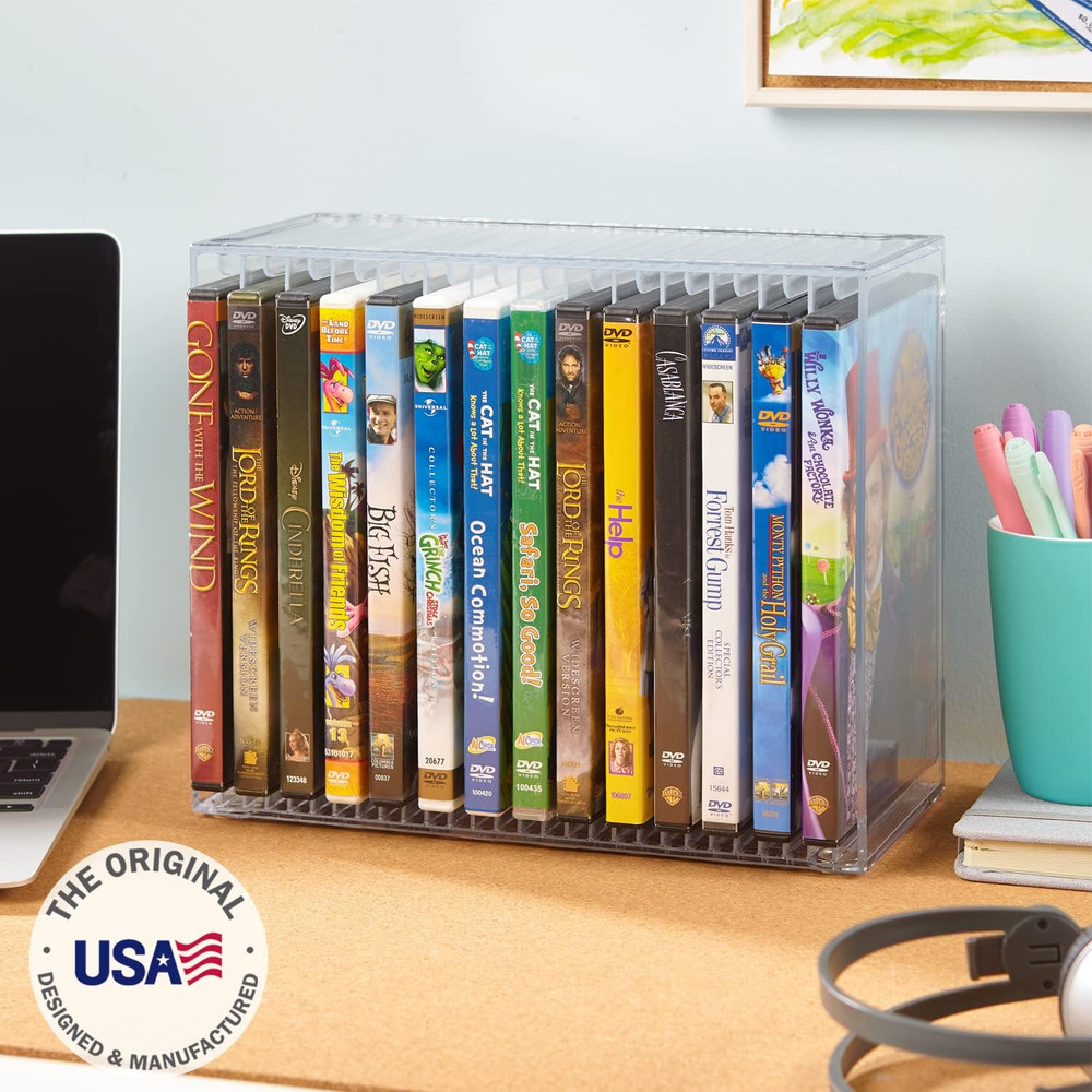 Stori Stackable Clear Plastic DVD Organizer with Rubber Feet | Rectangular Holde