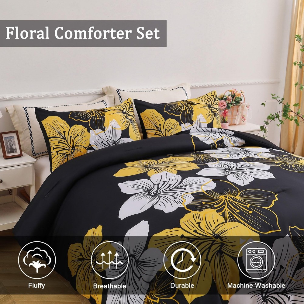 Queen Comforter Set Black/Gold Floral Bedding Comforter Sets Soft Microfiber ...