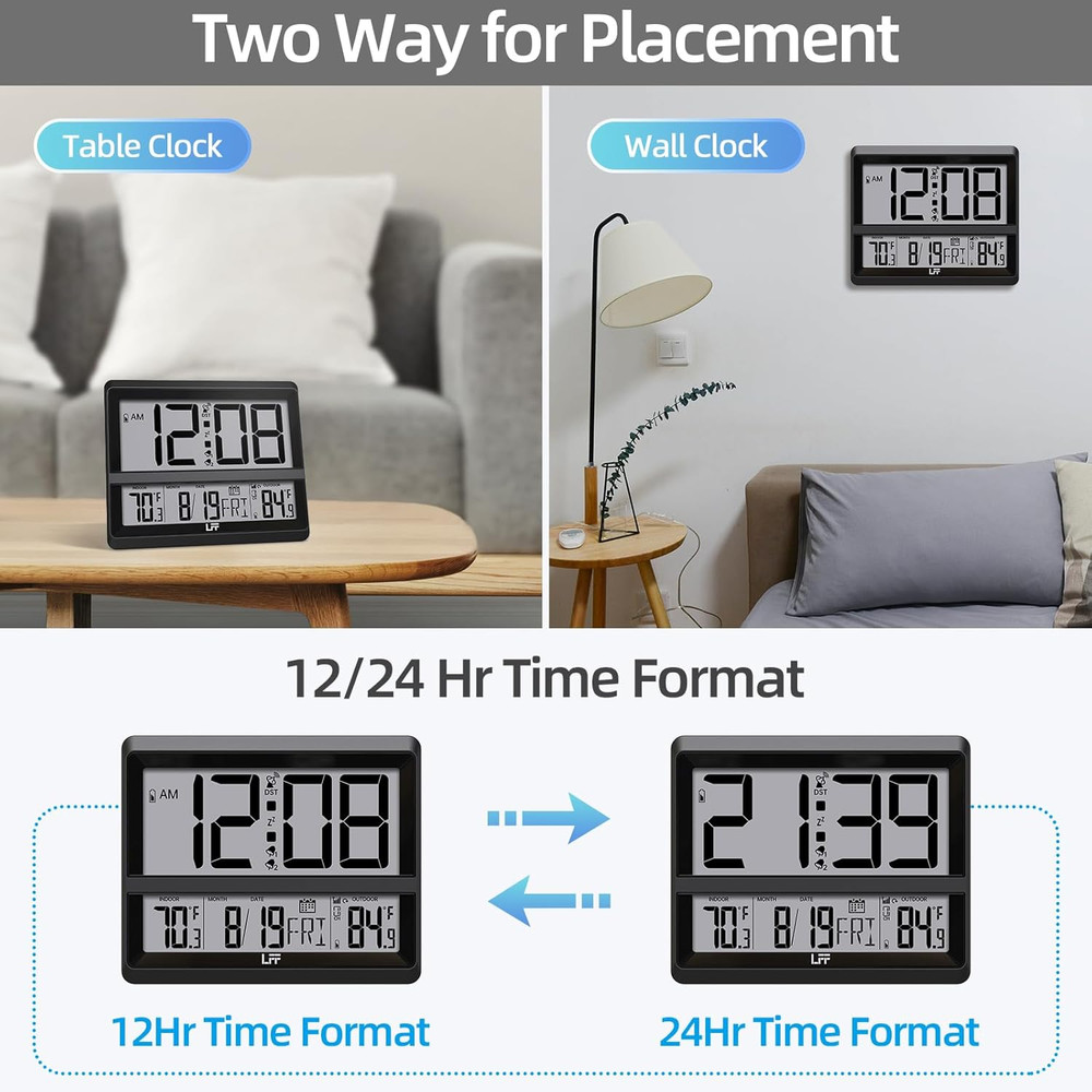 Atomic Clock Large Display, Digital Wall Clock with Indoor Outdoor Temperature a