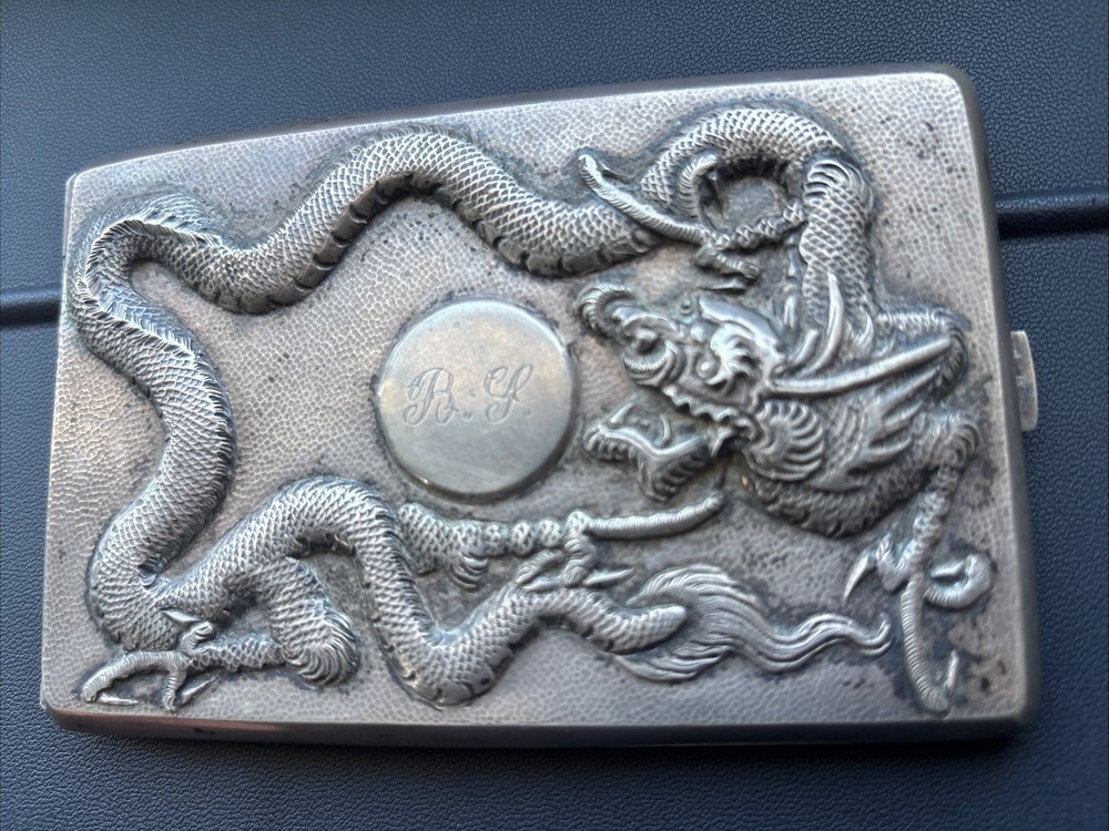 ANTIQUE 3D DRAGON SOLID SILVER BUSINESS CARD HOLDER, R.Y INITIALS