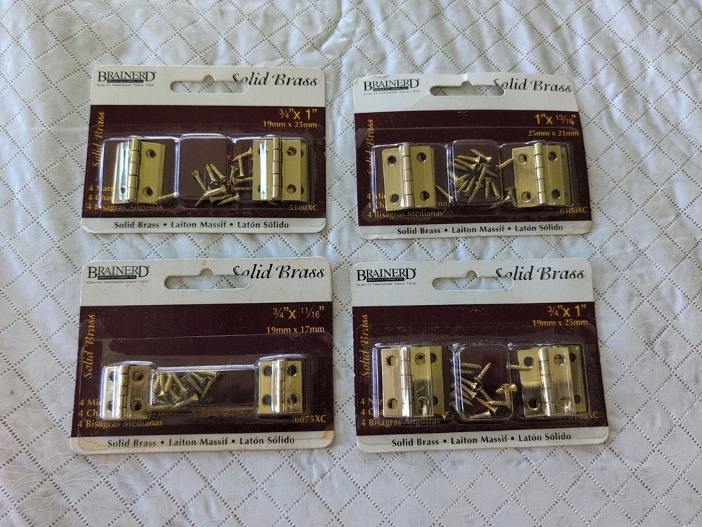 Brainerd's Solid Brass Hinges, 4 Brand New, Unopened Packages Assorted Sizes