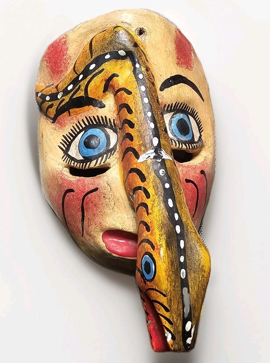 Vintage Wooden Snake Man Animal Mask Mexican Folk Art Hand Carved Hand Painted