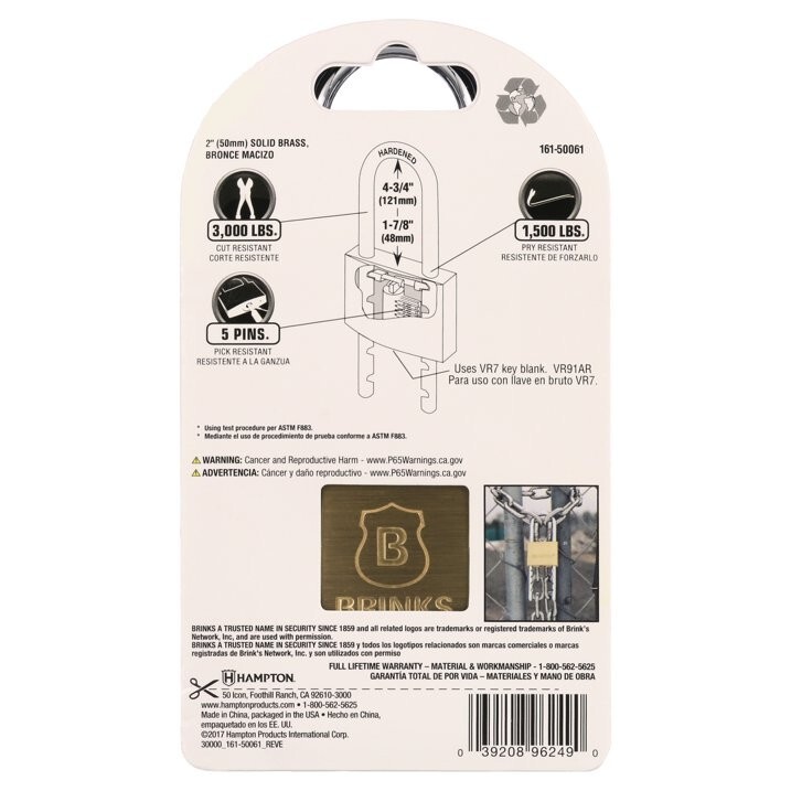 Brinks, Solid Brass 50mm Keyed Padlock with Adjustable Shackle