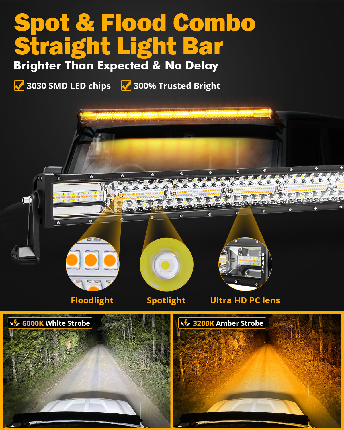 AUXBEAM 50"inch LED Light Bar 6 Modes Strobe Light Amber White for Jeep Wrangler