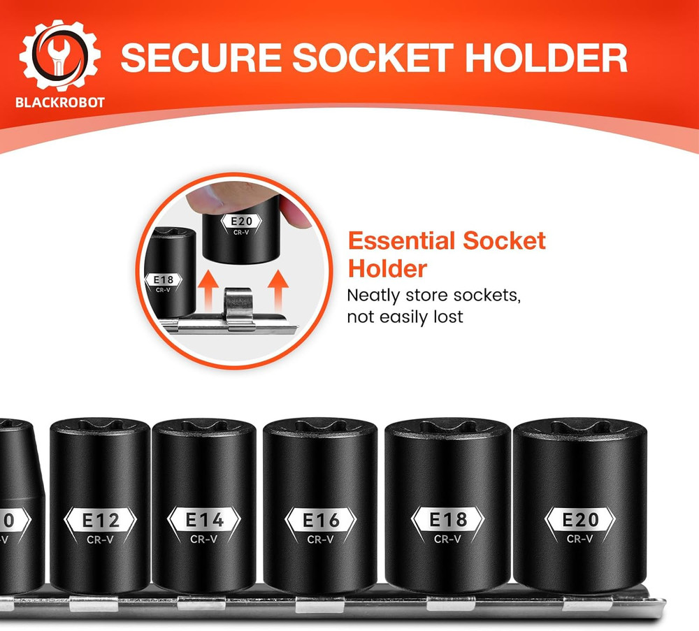E Torx & Star Socket Set with Rail, 11-Piece Female External Sockets