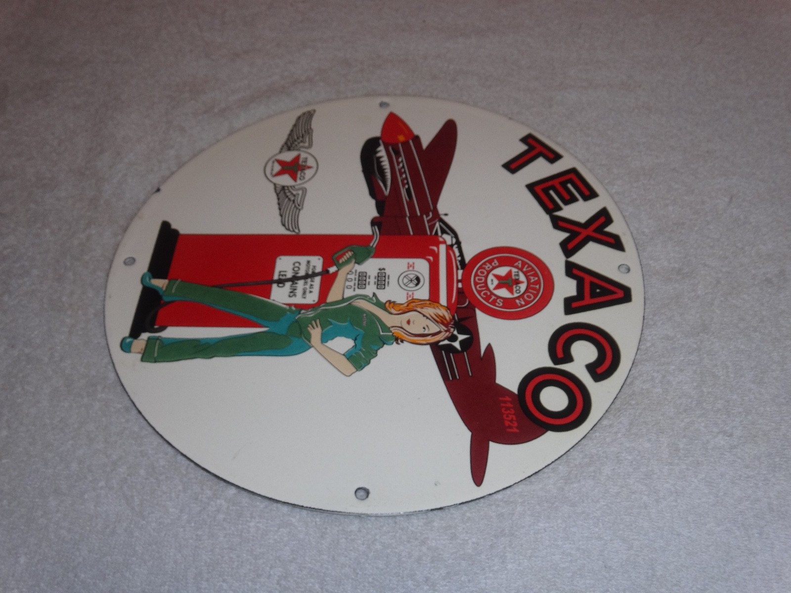 VINTAGE TEXACO AVIATION FEMALE MODEL WW2 AIRPLANE 11 3/4" PORCELAIN GAS OIL SIGN