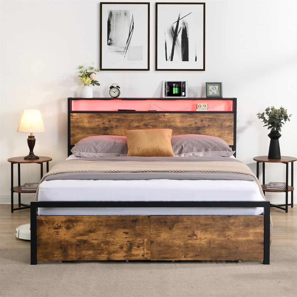 Queen Size Bed Frame with Storage Headboard & 2 Drawer Metal Platform Bed