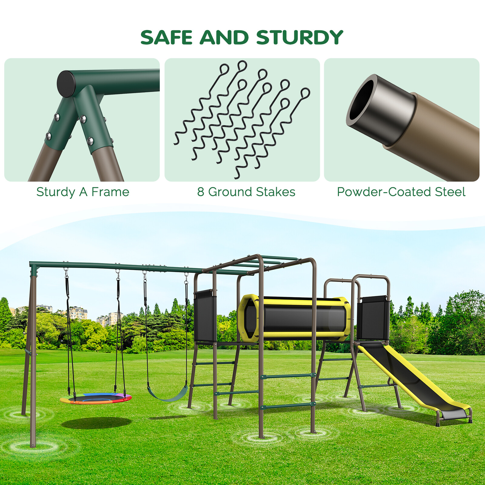 660lbs Playground Metal Swing Set Heavy Duty with Slide Outdoor Play for Kids