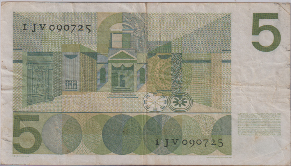 WORLD CURRENCY: 1966 NETHERLANDS 5 GUILDEN P# 90a
