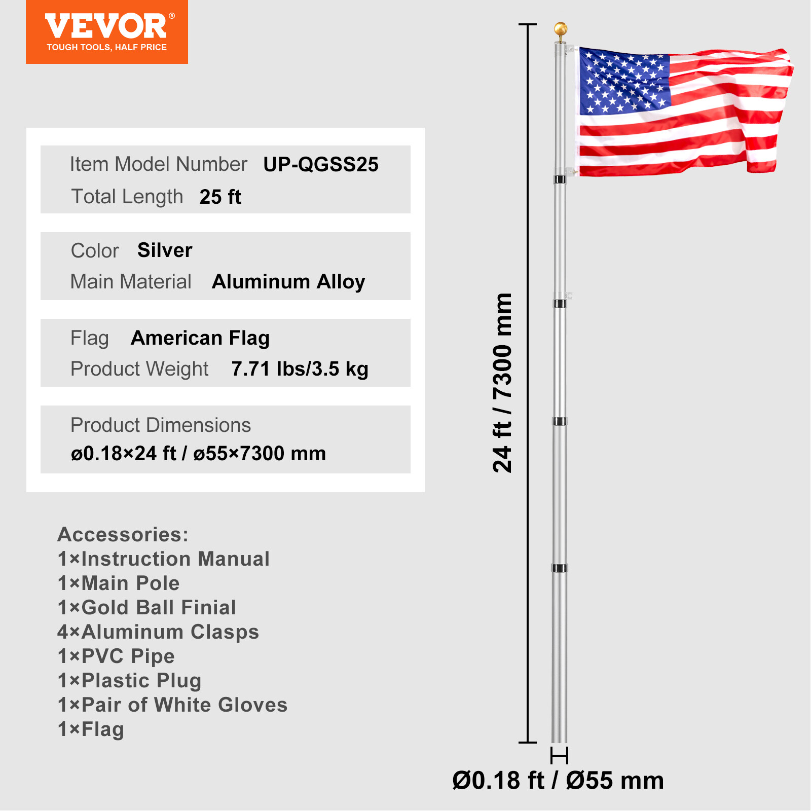 VEVOR 25FT Telescopic Flagpole Kit Heavy Duty Aluminum Flag Pole American Silver