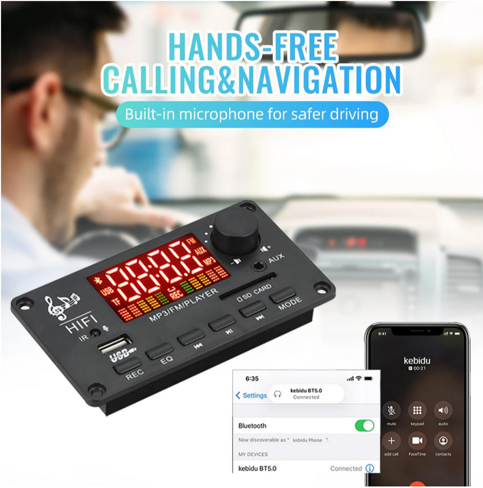 Car FM Radio Module Bluetooth 5.0 Speaker MP3 Decoder Board USB TF FM Player