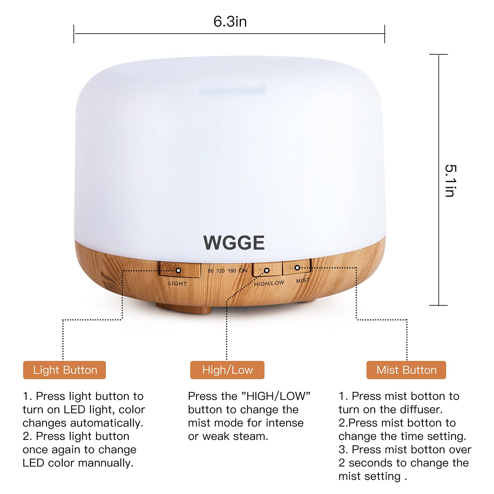 Essential Oil Diffuser 500ML Aromatherapy Diffuser Mist Humidifiers 7 Color LED