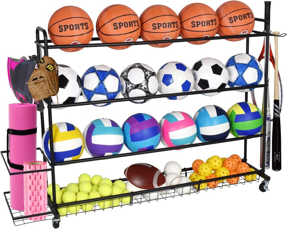 Garage storage rack with wheels, baskets, and hooks