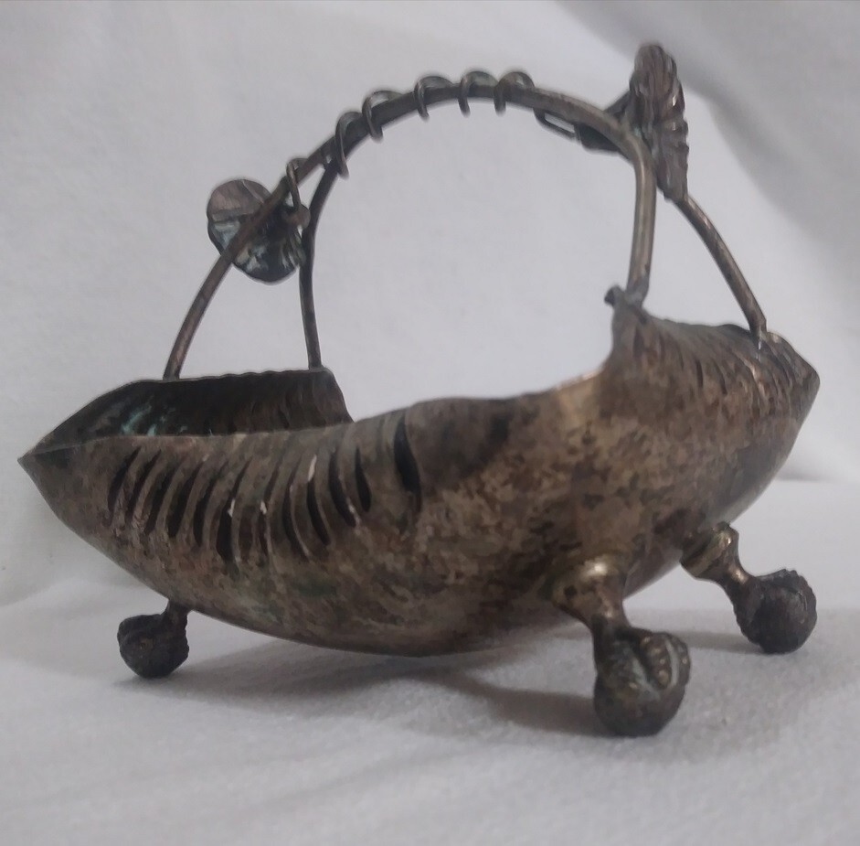 Silver Plated Footed Rectangular Metal Candy Dish 'basket' w/ Floral Handle '40s