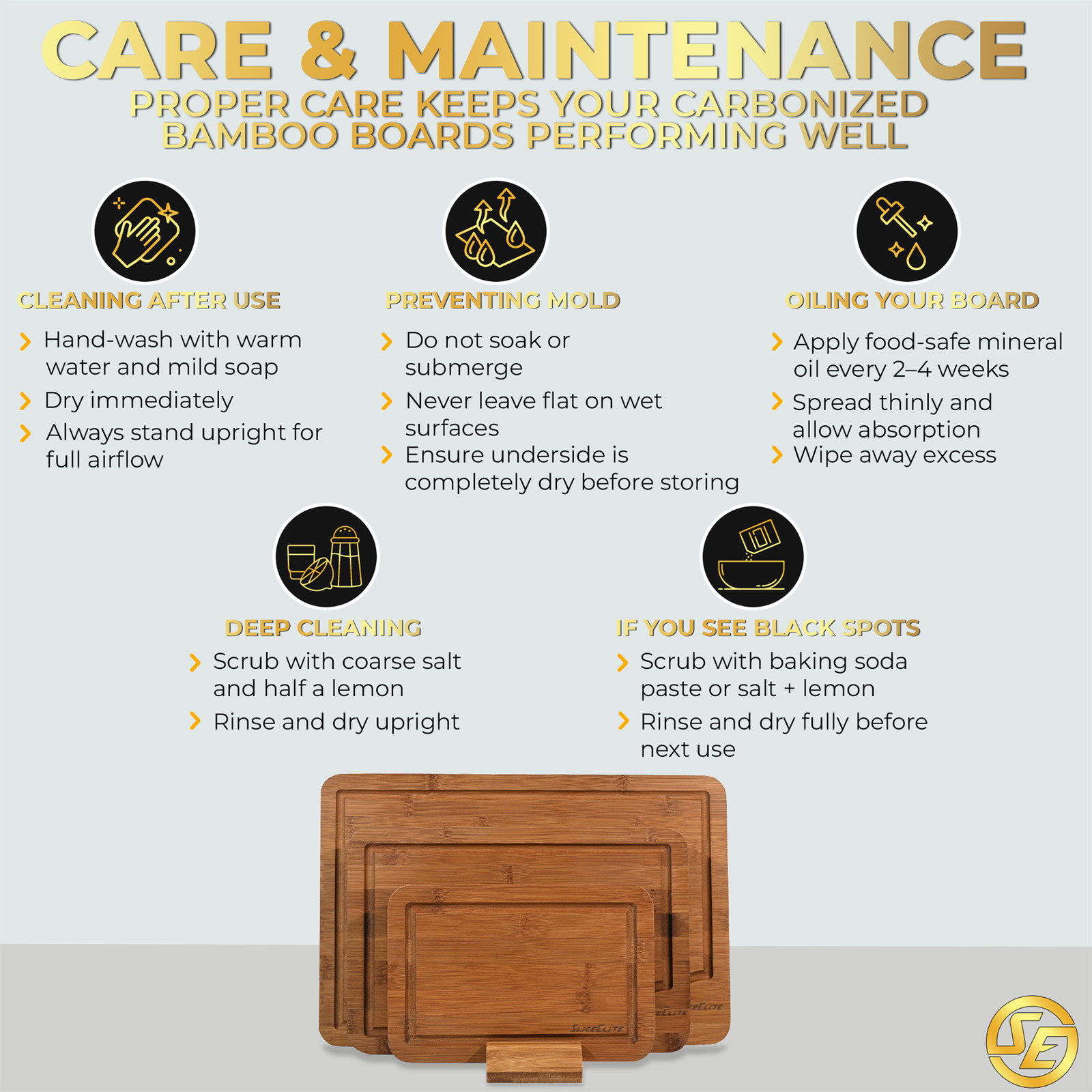 SliceElite Rich Brown Carbonized Bamboo Cutting Board Set 3 Piece with Stand