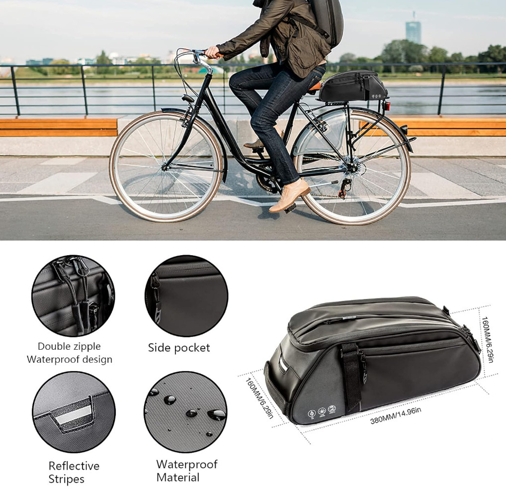 Bike Rear Bag Black Reflective Water Resistant 8L Storage Multipocketed w/Straps