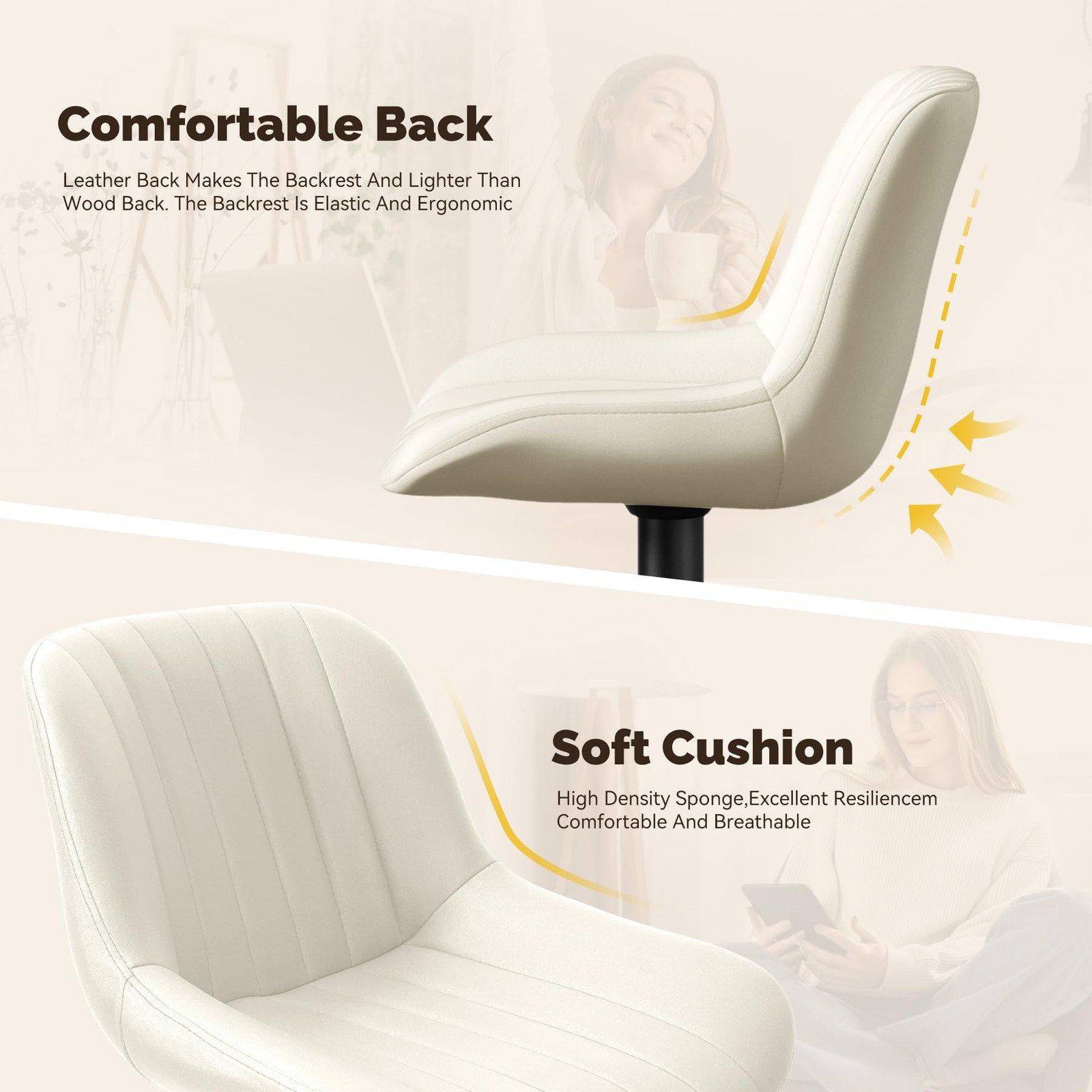 Set of 2 Bar Stools with Backs Adjustable Swivel Counter Height Fabric Off-White