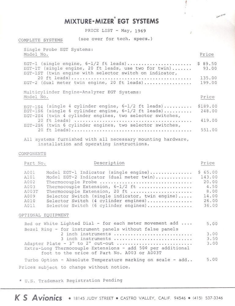 K S Avionics 1970 Mixture Mizer Product Specification & Price Sheets