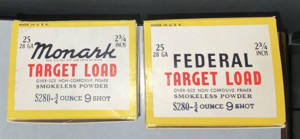 2 Variations Federal 28 Gauge Monark Target Load shotgun shell boxes EMPTY