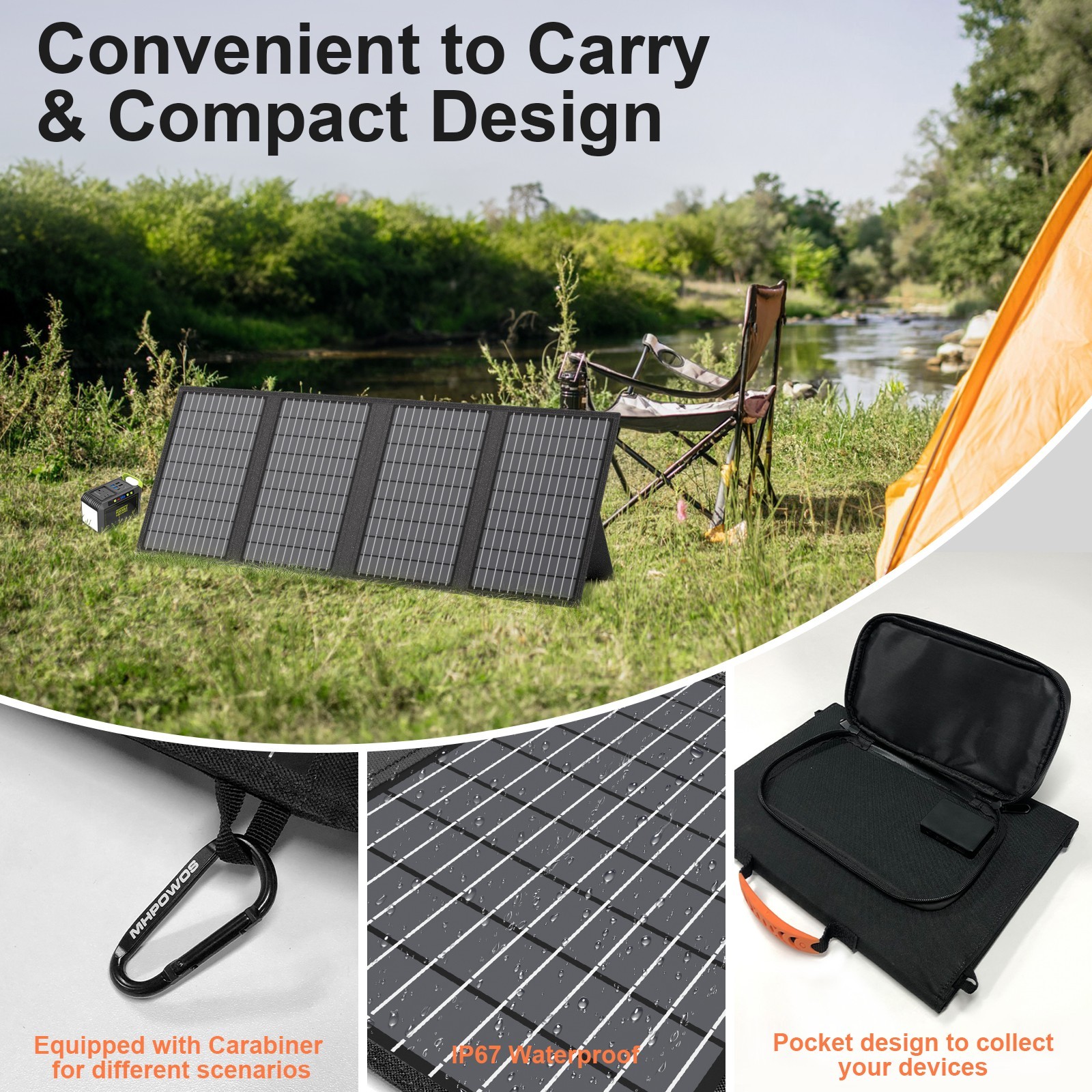 MHPOWOS 60W Foldable Camping Solar Charger with Kickstand for Power Stations