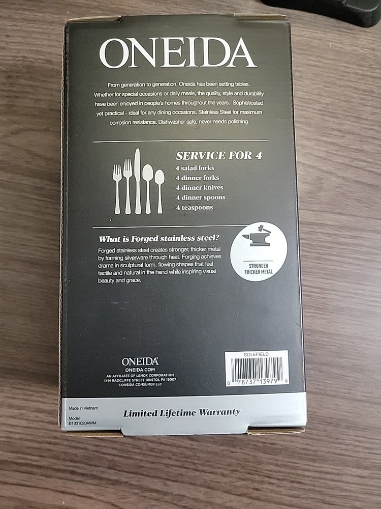 Oneida Solefield Stainless Steel Flatware Set, 20-Piece, Silverware for 4