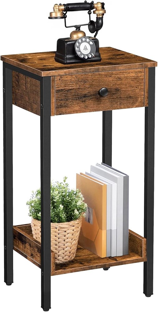 Tall End Table Nightstand Industrial Side Table W/ Drawer & Storage Shelf Study